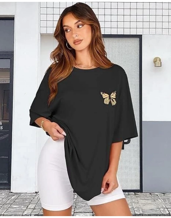 Kadın Baskılı T-Shirt Kısa Kol Bisiklet Yaka Oversize Rahat Kalıp Tişört - Siyah