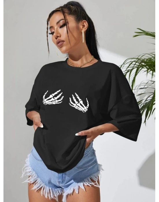 Kadın Baskılı T-Shirt Kısa Kol Bisiklet Yaka Oversize Rahat Kalıp Tişört - Siyah