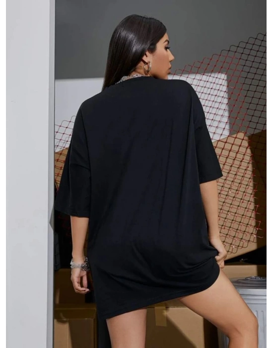 Kadın Baskılı T-Shirt Kısa Kol Bisiklet Yaka Oversize Rahat Kalıp Tişört - Siyah