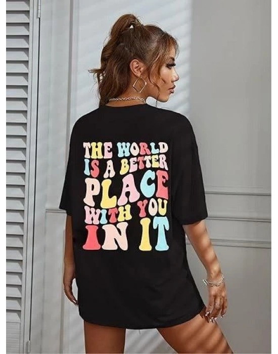 Kadın Baskılı T-Shirt Kısa Kol Bisiklet Yaka Oversize Rahat Kalıp Tişört - Siyah