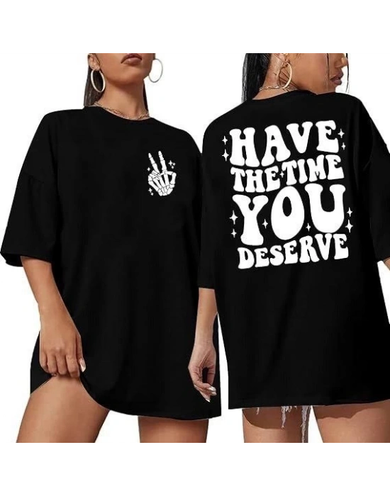 Kadın Baskılı T-Shirt Kısa Kol Bisiklet Yaka Oversize Rahat Kalıp Tişört - Siyah