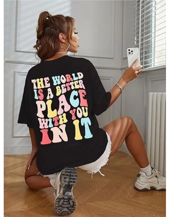 Kadın Baskılı T-Shirt Kısa Kol Bisiklet Yaka Oversize Rahat Kalıp Tişört - Siyah
