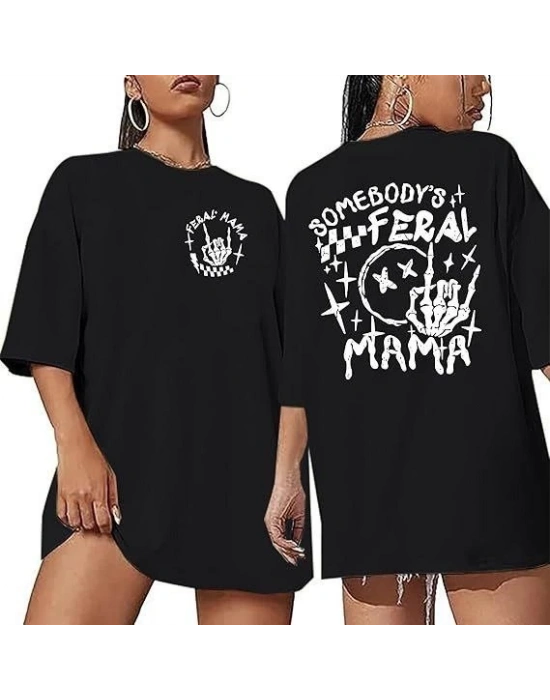 Kadın Baskılı T-Shirt Kısa Kol Bisiklet Yaka Oversize Rahat Kalıp Tişört - Siyah