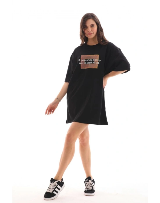 Kadın Baskılı T-Shirt Kısa Kol Bisiklet Yaka Oversize Rahat Kalıp Tişört - Siyah