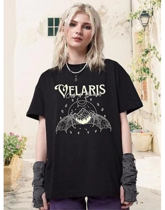 Kadın Baskılı T-Shirt Kısa Kol Bisiklet Yaka Oversize Rahat Kalıp Tişört - Siyah