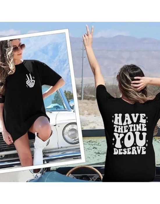 Kadın Baskılı T-Shirt Kısa Kol Bisiklet Yaka Oversize Rahat Kalıp Tişört - Siyah