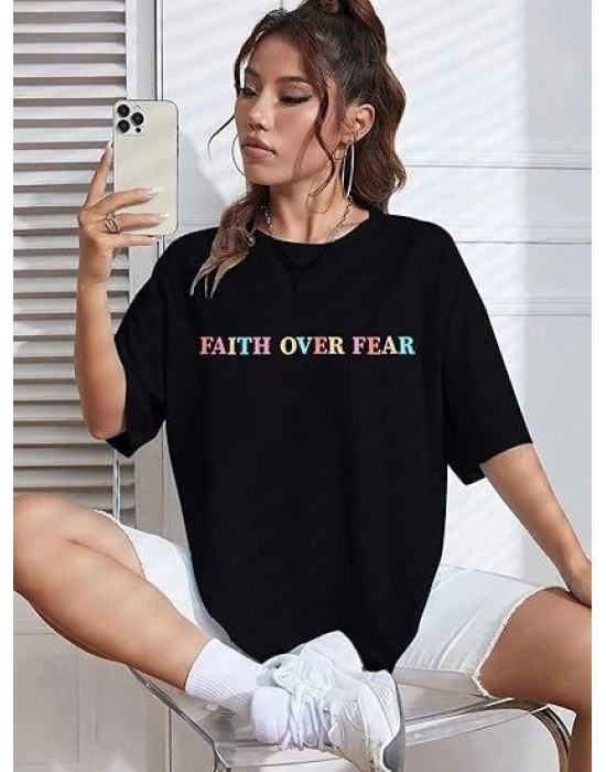 Kadın Baskılı T-Shirt Kısa Kol Bisiklet Yaka Oversize Rahat Kalıp Tişört - Siyah