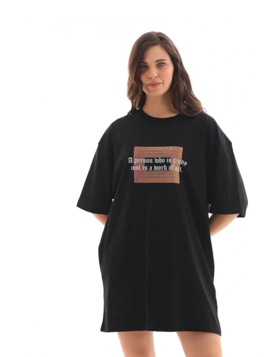 Kadın Baskılı T-Shirt Kısa Kol Bisiklet Yaka Oversize Rahat Kalıp Tişört - Siyah