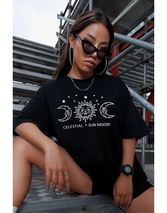 Kadın Baskılı T-Shirt Kısa Kol Bisiklet Yaka Oversize Rahat Kalıp Tişört - Siyah