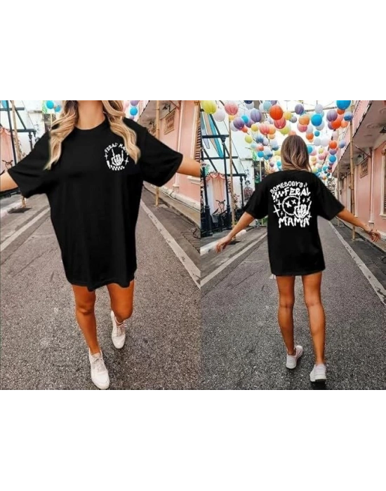 Kadın Baskılı T-Shirt Kısa Kol Bisiklet Yaka Oversize Rahat Kalıp Tişört - Siyah