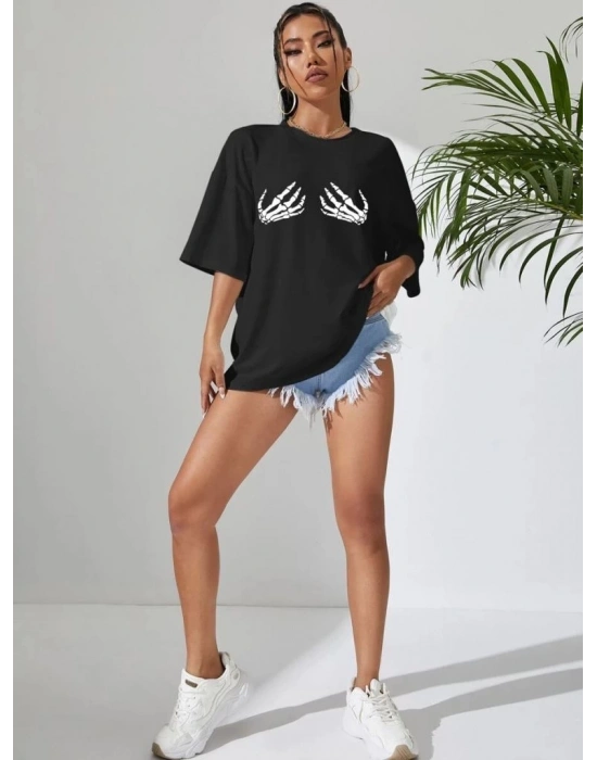 Kadın Baskılı T-Shirt Kısa Kol Bisiklet Yaka Oversize Rahat Kalıp Tişört - Siyah