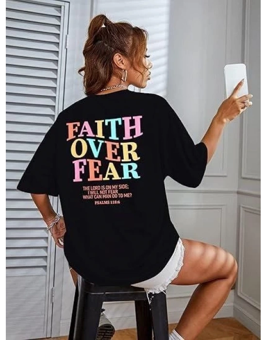Kadın Baskılı T-Shirt Kısa Kol Bisiklet Yaka Oversize Rahat Kalıp Tişört - Siyah