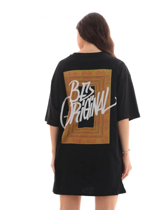 Kadın Baskılı T-Shirt Kısa Kol Bisiklet Yaka Oversize Rahat Kalıp Tişört - Siyah