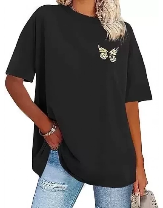 Kadın Baskılı T-Shirt Kısa Kol Bisiklet Yaka Oversize Rahat Kalıp Tişört - Siyah