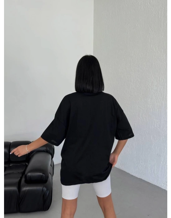 Kadın Baskılı T-Shirt Kısa Kol Bisiklet Yaka Oversize Tişört - Siyah