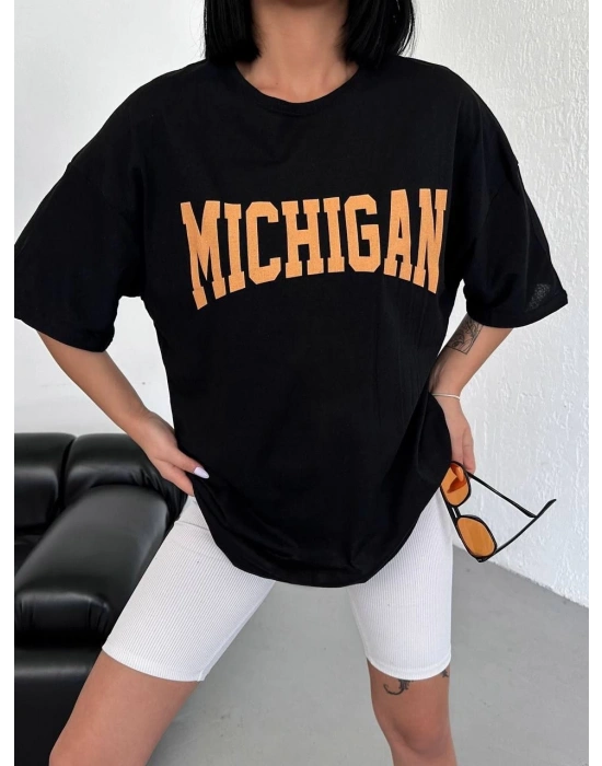 Kadın Baskılı T-Shirt Kısa Kol Bisiklet Yaka Oversize Tişört - Siyah