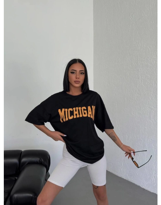 Kadın Baskılı T-Shirt Kısa Kol Bisiklet Yaka Oversize Tişört - Siyah