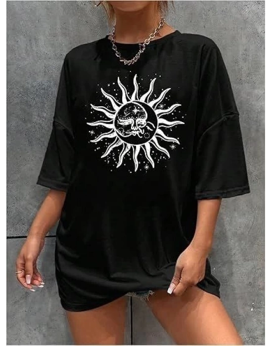 Kadın Baskılı T-Shirt Kısa Kol Bisiklet Yaka Regular Fit Rahat Kalıp Tişört - Siyah