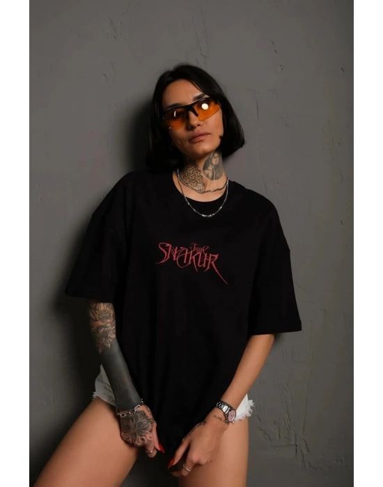Kadın Baskılı T-Shirt Oversize Kısa kol Bisiklet yaka tişort- Siyah