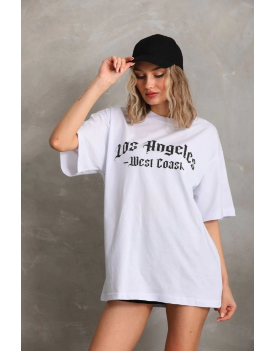 Kadın Baskılı Tişört Kısa Kol Bisiklet Yaka Oversize T-Shirt - Beyaz