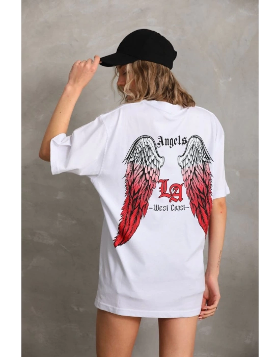 Kadın Baskılı Tişört Kısa Kol Bisiklet Yaka Oversize T-Shirt - Beyaz