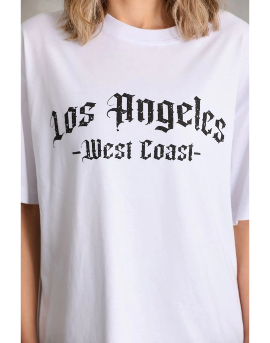 Kadın Baskılı Tişört Kısa Kol Bisiklet Yaka Oversize T-Shirt - Beyaz