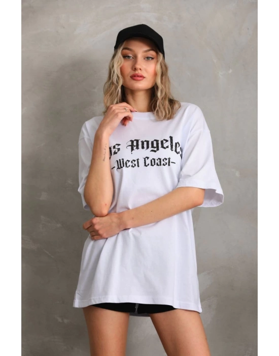 Kadın Baskılı Tişört Kısa Kol Bisiklet Yaka Oversize T-Shirt - Beyaz
