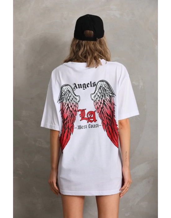 Kadın Baskılı Tişört Kısa Kol Bisiklet Yaka Oversize T-Shirt - Beyaz