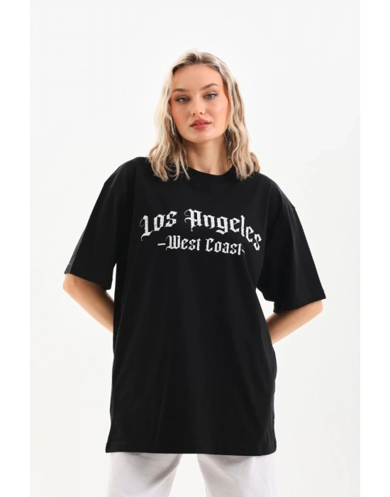 Kadın Baskılı Tişört Kısa Kol Bisiklet Yaka Oversize T-Shirt - Siyah
