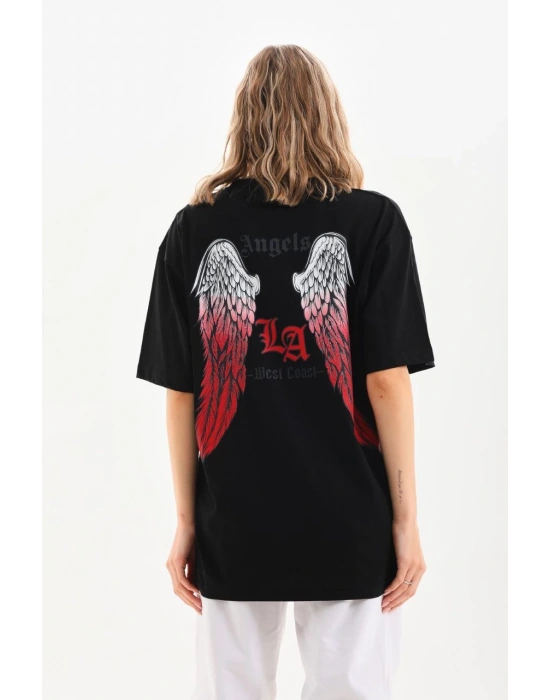 Kadın Baskılı Tişört Kısa Kol Bisiklet Yaka Oversize T-Shirt - Siyah