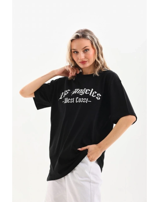 Kadın Baskılı Tişört Kısa Kol Bisiklet Yaka Oversize T-Shirt - Siyah