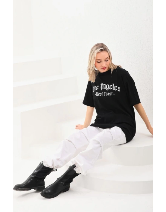 Kadın Baskılı Tişört Kısa Kol Bisiklet Yaka Oversize T-Shirt - Siyah