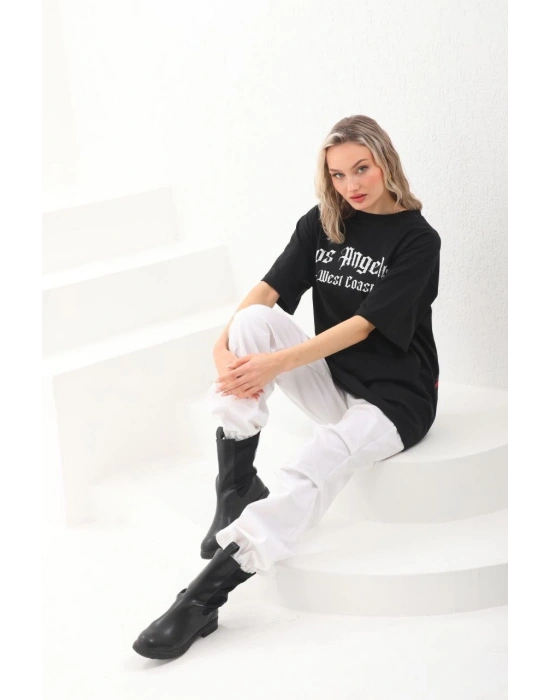 Kadın Baskılı Tişört Kısa Kol Bisiklet Yaka Oversize T-Shirt - Siyah