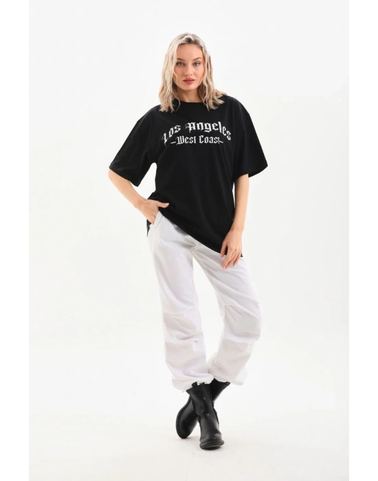 Kadın Baskılı Tişört Kısa Kol Bisiklet Yaka Oversize T-Shirt - Siyah