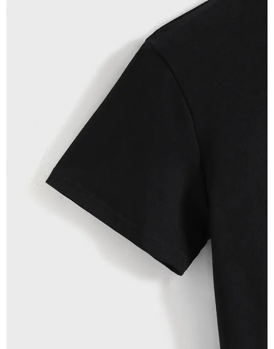 Kadın Baskılı Tişört Kısa Kol Bisiklet Yaka T-shirt - Siyah