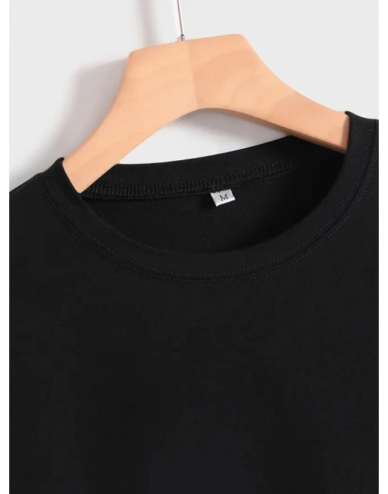 Kadın Baskılı Tişört Kısa Kol Bisiklet Yaka T-shirt - Siyah