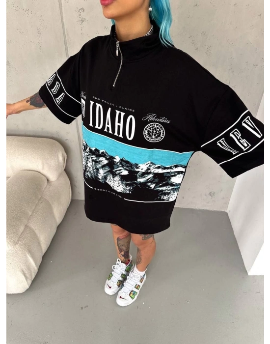 Kadın Baskılı Yarım Fermuarlı Kısa kol T-Shirt - Siyah