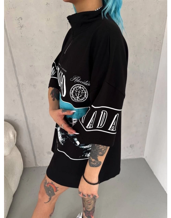 Kadın Baskılı Yarım Fermuarlı Kısa kol T-Shirt - Siyah