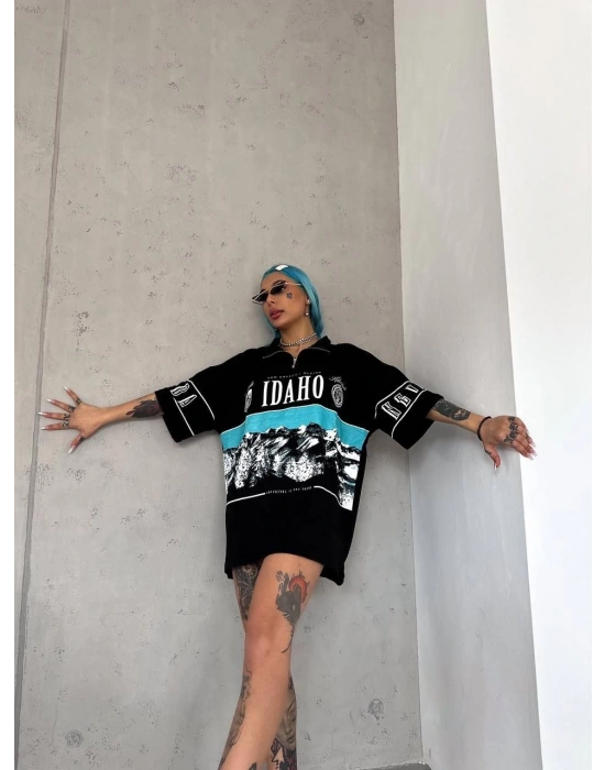 Kadın Baskılı Yarım Fermuarlı Kısa kol T-Shirt - Siyah