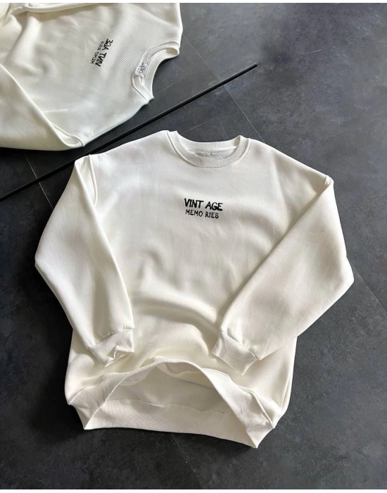 Kadın Bisiklet Yaka 3 İplik Baskılı Oversize SweatShirt - Beyaz