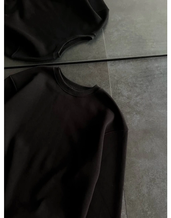 Kadın Bisiklet Yaka 3 İplik Pamuklu Basic SweatShirt - Siyah