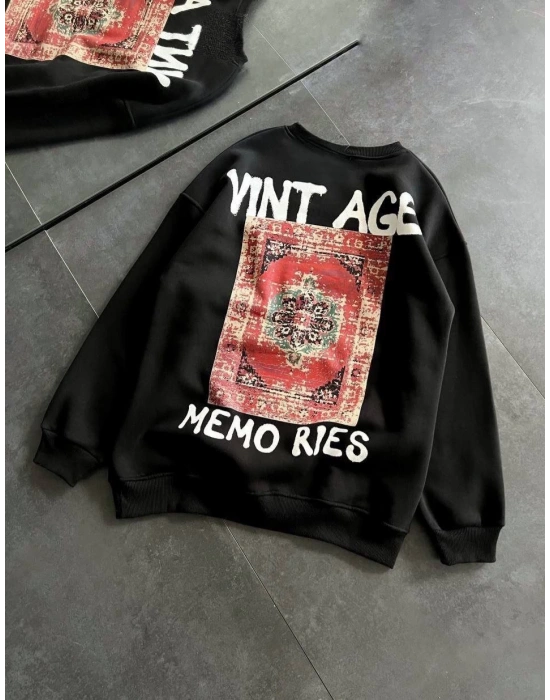 Kadın Bisiklet Yaka 3 İplik pamuklu Baskılı Oversize SweatShirt - Siyah