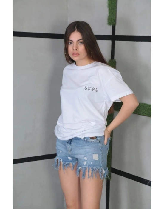 Kadın Bisiklet Yaka Baskılı Kısa kol Oversize T-Shirt- Beyaz