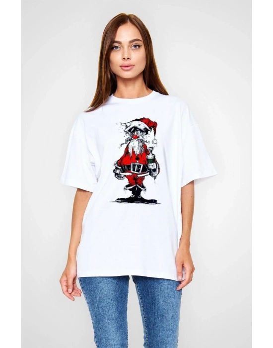 kadın Bisiklet Yaka Baskılı  Kısa kol Oversize T-Shirt - Beyaz