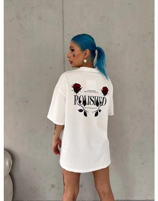 Kadın Bisiklet Yaka Baskılı Kısa kol Oversize T-Shirt - Beyaz