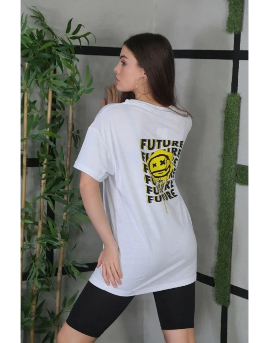 Kadın Bisiklet Yaka Baskılı Kısa kol Oversize T-Shirt - Beyaz