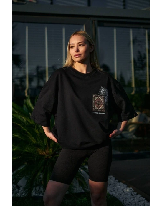 kadın Bisiklet Yaka Baskılı  Kısa kol Oversize T-Shirt - Siyah