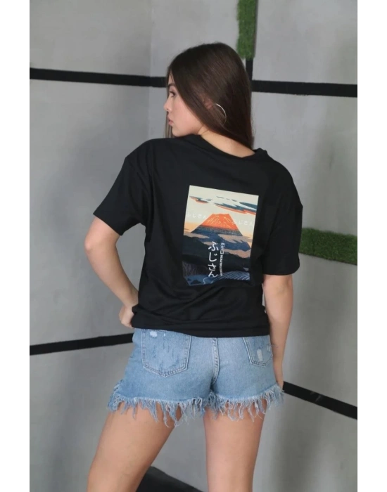 Kadın Bisiklet Yaka Baskılı Kısa kol Oversize T-Shirt - Siyah