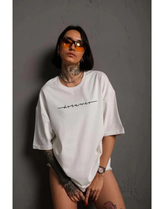 Kadın Bisiklet Yaka Baskılı  Kısa kol T-Shirt - Beyaz