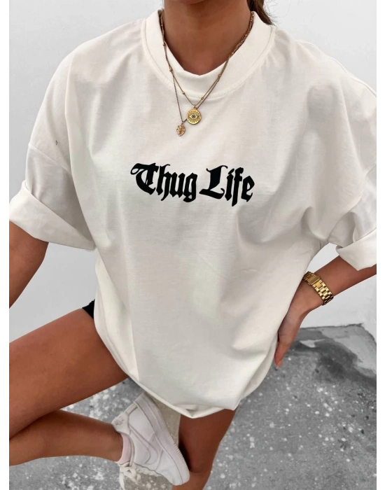 Kadın Bisiklet Yaka Baskılı Oversize  Kısa kol T-Shirt - Beyaz